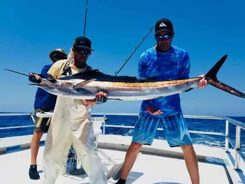 Two anglers with a sailfish on an offshore charter from Jacksonville, FL