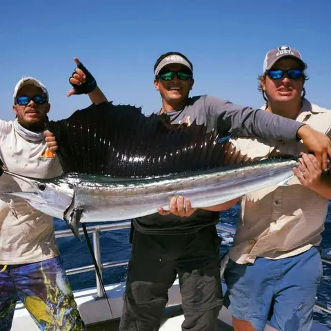 Three anglers holding a sailfish caught offshore near Crescent Beach, FL