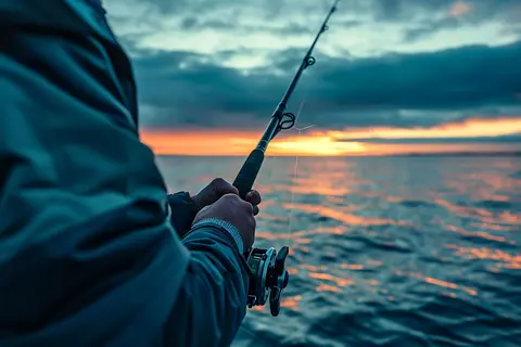 Rod bent against the sunset on an evening charter near Ponte Vedra Beach, FL